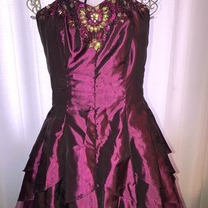 Strapless burgundy prom dress